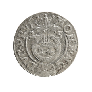 Orb of rule (iconographic); cross (iconographic); coats of arms. Obv.: Under the ducal mitre, a