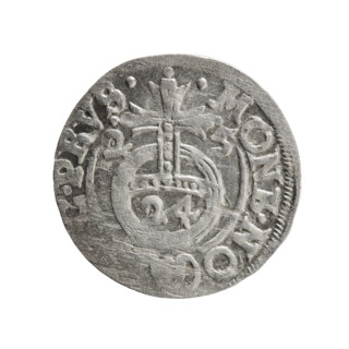 One-and-a-half (3 pfennige?). Pfahler, Ernest. Cross (iconographic), orb of rule (iconographic).