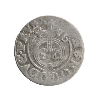 One-and-a-half coin (1626). Maker: Ernest Pfahler. Obverse: Under a ducal mitre, a five-field