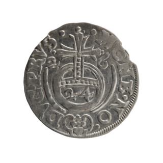 One-and-a-half coin. Obverse: under the ducal mitre a five-field heraldic shield, below in the
