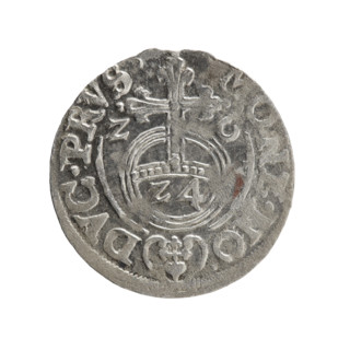 One and a half; Ernest Pfahler. Obverse: under the ducal mitre a five-field heraldic shield; below
