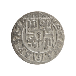 One and a half (coin). Obverse: Under a ducal mitre, a five-field heraldic shield with the value