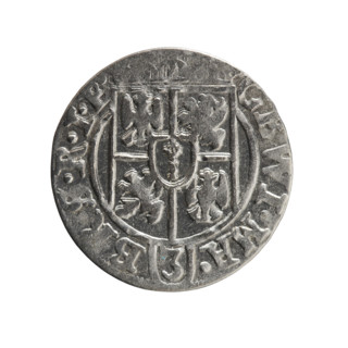 One and a half (coin). Obverse: Under the ducal mitre, a five-field heraldic shield with the value