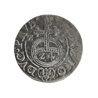 One-and-a-half (coin). Obverse: Under a ducal mitre, a five-field coat of arms; on the rim between