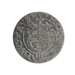 One-and-a-half, Ernest Pfahler. Obverse: Under a ducal mitre, a five-field coat of arms with the