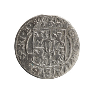 One-and-a-half coin, cross (iconographic), orb of rule (iconographic), coats of arms, George