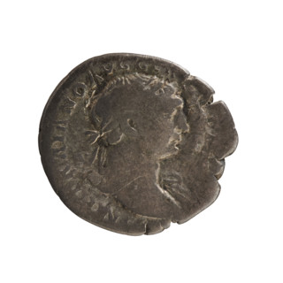 Denarius of Trajan (53–117; Roman emperor 98–117). Obverse: Bust of the emperor with a laurel