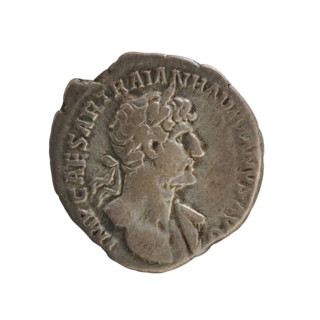 Denarius of Hadrian (76–138; Roman emperor 117–138), 119–122 CE. Obverse: Bust of the emperor with