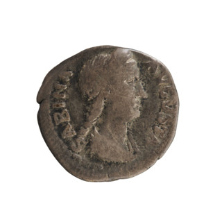 Denarius, 128–134 CE, Rome. Obverse: Draped bust of Empress Sabina (right), inscribed 'SABINA