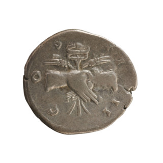 Denarius of Antoninus Pius (86–161; Roman emperor 138–161). Obverse: Emperor's head in a laurel