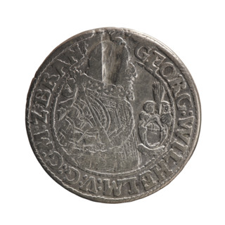 Obv. Bust in a wide ruff and armor facing right, girded with a sash. A sceptre in his right hand.