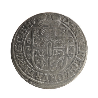Obv. Bust in a wide ruff and armor facing right, girded with a sash. A sceptre in his right hand.