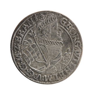 Obv. Bust facing right in a mitre, wide ruff and armor girded with a sash. A sceptre in his right