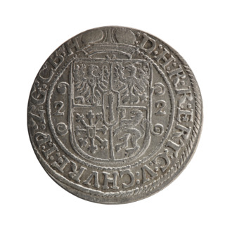 Obv. Bust facing right in a mitre, wide ruff and armor girded with a sash. A sceptre in his right