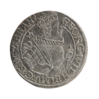 Obv. Bust facing right in a mitre, wide ruff and armor girded with a sash. A sceptre in his right