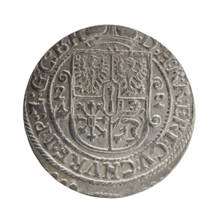 Obverse: Bust facing right in a mitre, wide ruff and armor girded with a sash. A sceptre in his