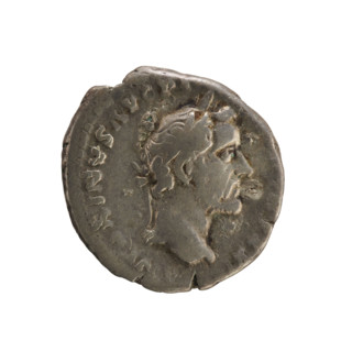 Denarius of Antoninus Pius (86–161; Roman emperor 138–161). Obverse: Emperor's head in a laurel