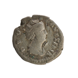 Denarius, after 141 CE. Obverse: bust of Faustina the Elder facing right, draped, hair in a bun;