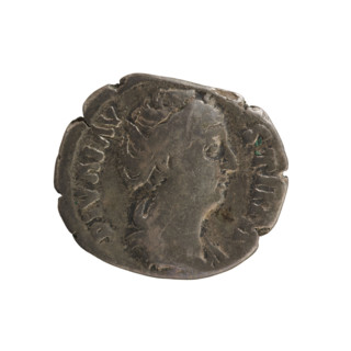 Denarius, after 141 CE. Obverse: Bust of Faustina the Elder (98–141), turned right, wearing drapery