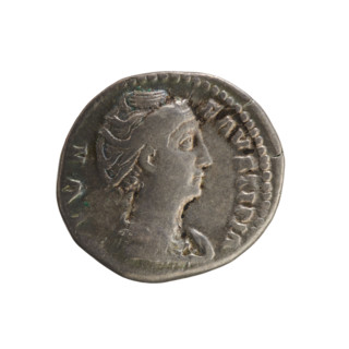 Denarius, after 141 CE. Obverse: Bust of Faustina the Elder (98–141), draped, hair in a top bun,