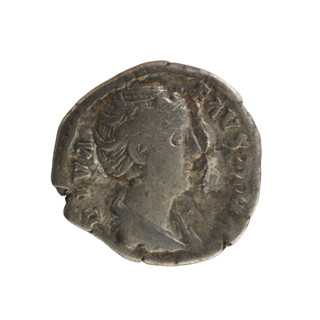 Denarius, after 141 CE. Obverse: Bust of Faustina the Elder (98–141), draped, hair in a bun, facing