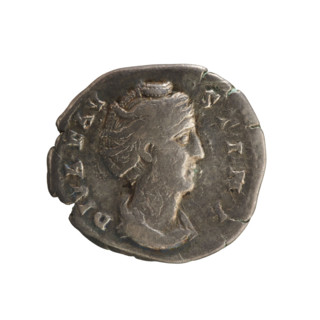 Denarius, after 141 CE. Obverse: DIVA FAV STINA — Bust of Faustina the Elder turned to the right,