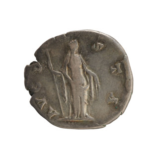 Denarius, after 141 CE. Obverse: DIVA FAV STINA — Bust of Faustina the Elder turned right, in