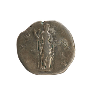 Denarius, after 141 CE. Silver coin (2.72 g, axis 180°). Obverse: Bust of Faustina the Elder