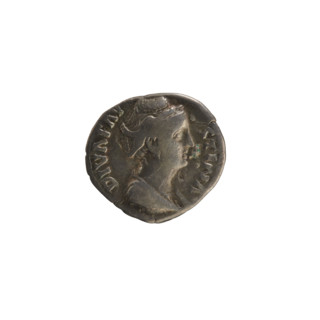 Denarius, after 141 CE. Obverse: DIVA FAV STINA — bust of Faustina the Elder turned right, draped,