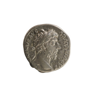 Denarius, Marcus Aurelius (121–180; Roman emperor 161–180). Obverse: Head of Marcus Aurelius with a