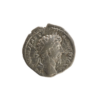 Denarius, Marcus Aurelius (121–180; Roman emperor 161–180). Obverse: Head of Marcus Aurelius with