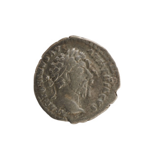 Denarius, Marcus Aurelius (121–180; Roman emperor 161–180). Obverse: Head of Marcus Aurelius with a