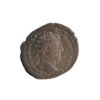 Denarius, Marcus Aurelius (121–180; Roman emperor 161–180). Obverse: Head of Marcus Aurelius with