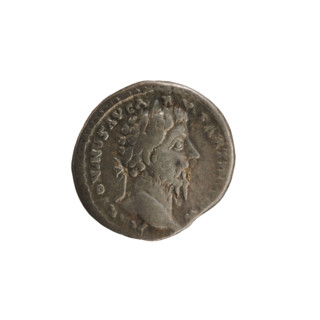 Denarius of Marcus Aurelius (121–180; Roman emperor 161–180). Obverse: laureate head of Marcus