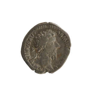 Denarius, Marcus Aurelius (121–180; Roman emperor 161–180). Obverse: Head of Marcus Aurelius with a