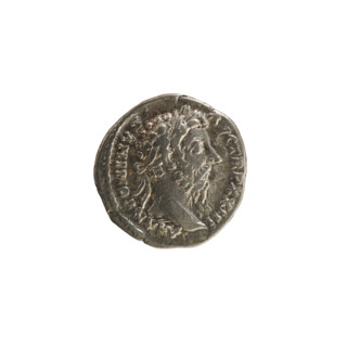 Denarius, Marcus Aurelius (121–180; Roman Emperor 161–180). Obverse: Head of Marcus Aurelius with a