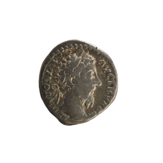 Denarius, Marcus Aurelius (121–180; Roman emperor 161–180). Obverse: Head of Marcus Aurelius with a