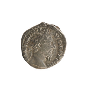 Denarius, Marcus Aurelius (121–180; Roman emperor 161–180). Obverse: Head of Marcus Aurelius with a