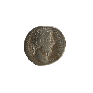 Denarius of Marcus Aurelius (121–180; Roman emperor 161–180). Obverse: Head of Marcus Aurelius with