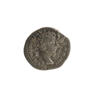 Denarius, Marcus Aurelius (121–180; Roman emperor 161–180). Obverse: Head of Marcus Aurelius with a