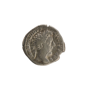 Denarius, Marcus Aurelius (121–180; Roman emperor 161–180). Obverse: Head of Marcus Aurelius with a