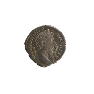 Denarius, Marcus Aurelius (121–180; Roman emperor 161–180). Obverse: Head of Marcus Aurelius with a