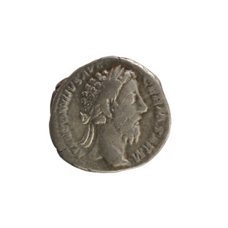 Denarius, Marcus Aurelius (121–180; Roman emperor 161–180). Obverse: Head of Marcus Aurelius with a