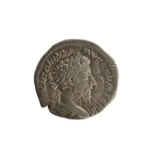 Denarius of Marcus Aurelius (121–180; Roman emperor 161–180). Obverse: Bust of Marcus Aurelius