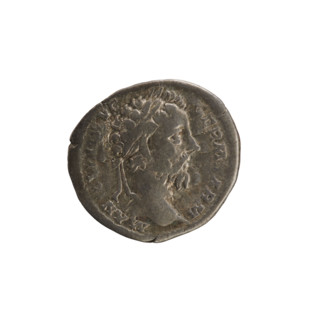 Denarius of Marcus Aurelius (121–180; Roman emperor 161–180). Obverse: head of Marcus Aurelius