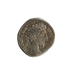 Denarius of Marcus Aurelius (121–180; Roman emperor 161–180). Obverse: Head of Marcus Aurelius with
