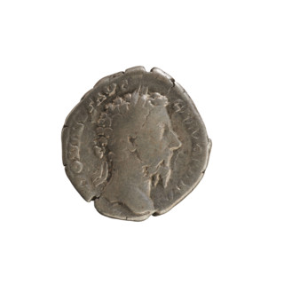 Denarius of Marcus Aurelius (reign 161–180 CE). Obverse: head of Marcus Aurelius wearing a laurel