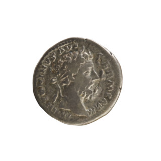 Denarius of Marcus Aurelius (121–180; Roman emperor 161–180). Obverse: Head of Marcus Aurelius in a