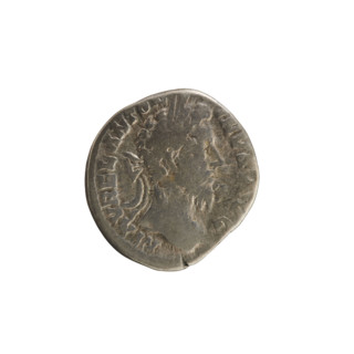 Denarius, Marcus Aurelius (121–180; Roman emperor 161–180). Obverse: Head of Marcus Aurelius with a