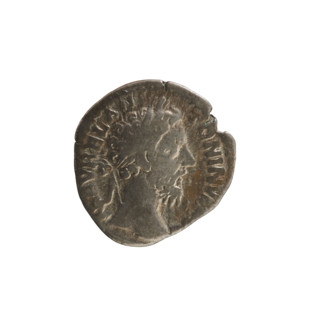 Denarius of Marcus Aurelius (121–180; Roman emperor 161–180). Obverse: Head of Marcus Aurelius with